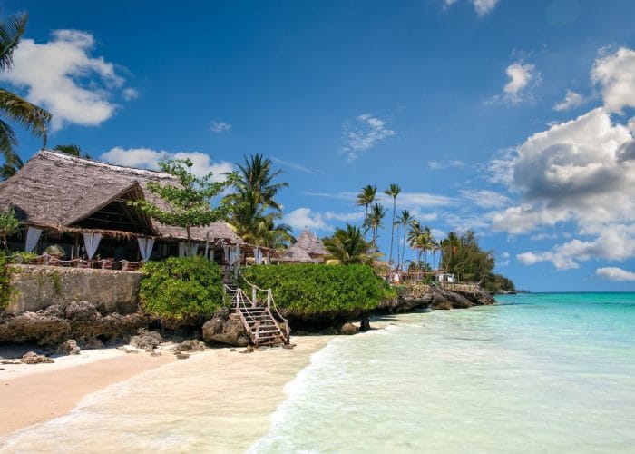 Idyllic beachfront scene in Zanzibar with palm trees, turquoise sea, and a traditional villa.